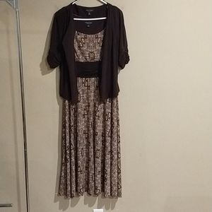 Sleeveless dress and jacket, brown & beige pattern
